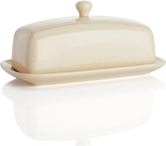 Sweese Butter Dish with Lid, Porcelain Butter Keeper, 7.8 Inch Butter Holder with Handle Cover, Butter Container Perfect for East West Coast Butter, Beige