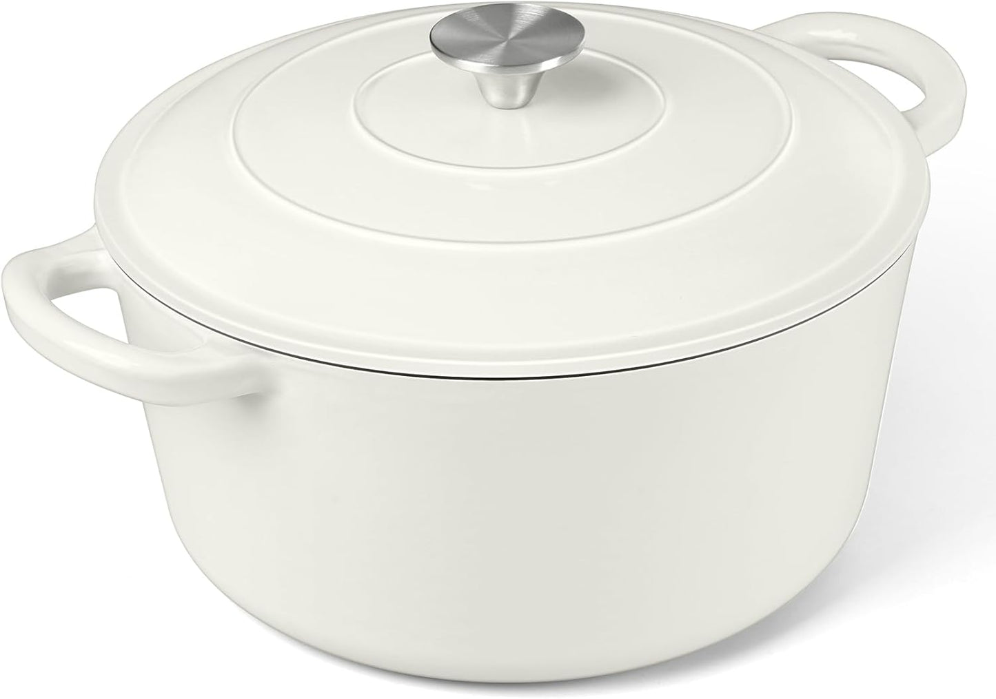P&P CHEF 6QT Enameled Dutch Oven, Cast Iron Dutch Oven Pot with Lid for Bread Baking, Enameled Casserole Pot for Roasting Braising Stewing Frying Simmering, Various Stoves & Easy Clean, White