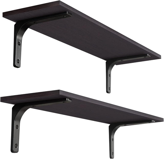 DINZI LVJ Long Wall Shelves, 31.5 Inch Wall Mounted Shelves Set of 2, Easy-to-Install, Floating Storage Ledges with Sturdy Metal Brackets for Living Room, Bathroom, Bedroom, Kitchen, Espresso