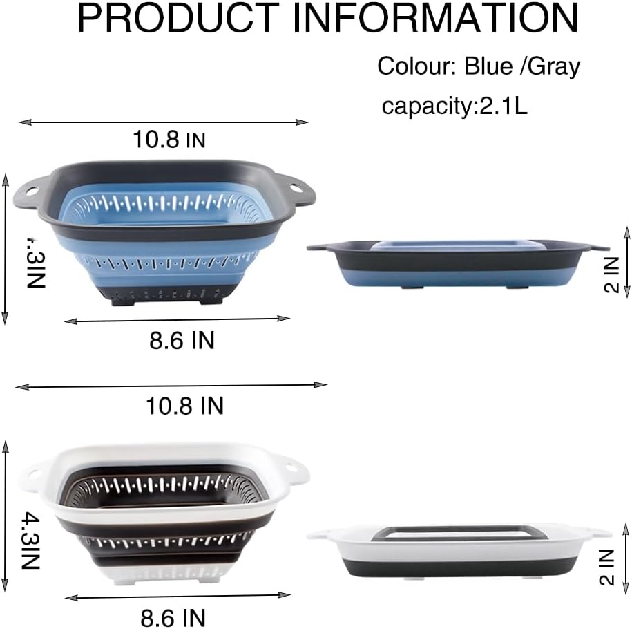 Collapsible Colander Set, Square Round Triangles Silicone Kitchen Strainer Perfect for Draining Pasta Vegetable fruit 2 PCS (10.8"L x 8.6"W x 2"H, Blue & Gray)