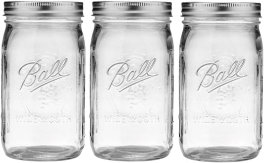 Ball Wide Mouth Glass Mason Jars with Lids and Bands, Used for Canning, Pickling, Juice, Jam, Jelly, Quart Size 32 Ounce (Pack of 3)