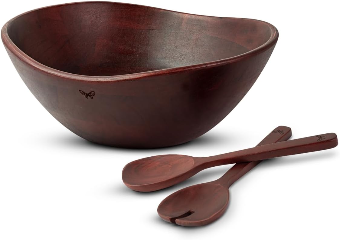 Melvvi Large Wooden Salad Bowl Set with 2 Small Bowls and 2 Serving Utensils | 12" & 6" Acacia Wood Bowls for Food | Great Gift for Kitchen & Dining (Natural Set of 5) (Royal Set of 3)