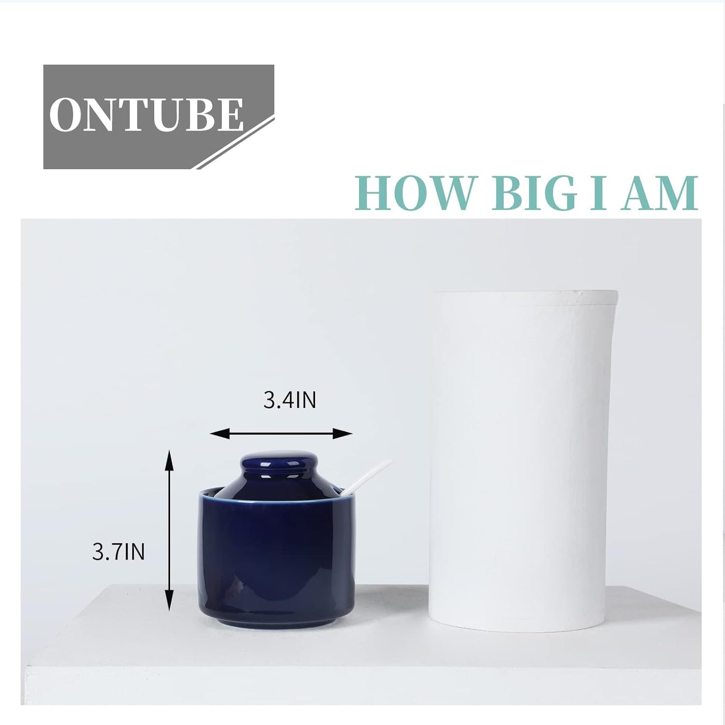 ONTUBE Ceramic Sugar Bowl with Lid and Spoon,Porcelain Seasoning Box Salt Bowl,8oz (Navy)