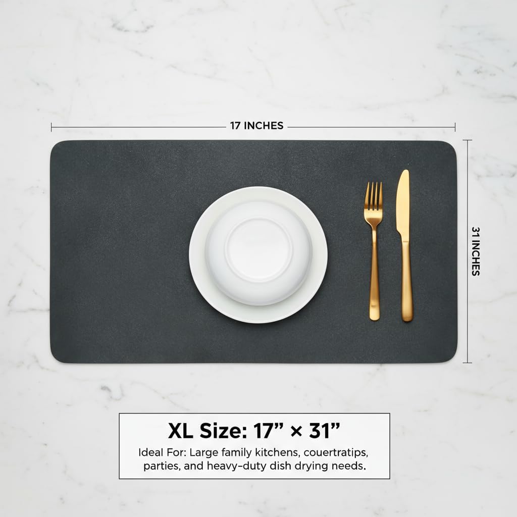 Dish Drying Mat Super Absorbent – 17" x 31" Coffee Mat for Countertops – Non-Slip Drying Mat for Kitchen Counter – Easy to Clean Water Absorbent Mat – XLarge Dish Drying Mats (Dark Gray)