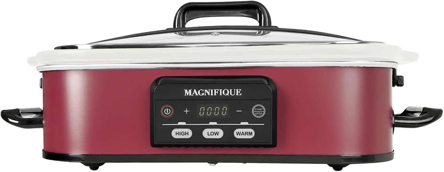 MAGNIFIQUE Small 4 Quart Casserole Programmable Slow Cooker with Ceramic Baking Dish - Perfect Kitchen Small Appliance for Family Dinners, Oven Safe and Durable Bakeware for Lasagna, Roasts (Red)