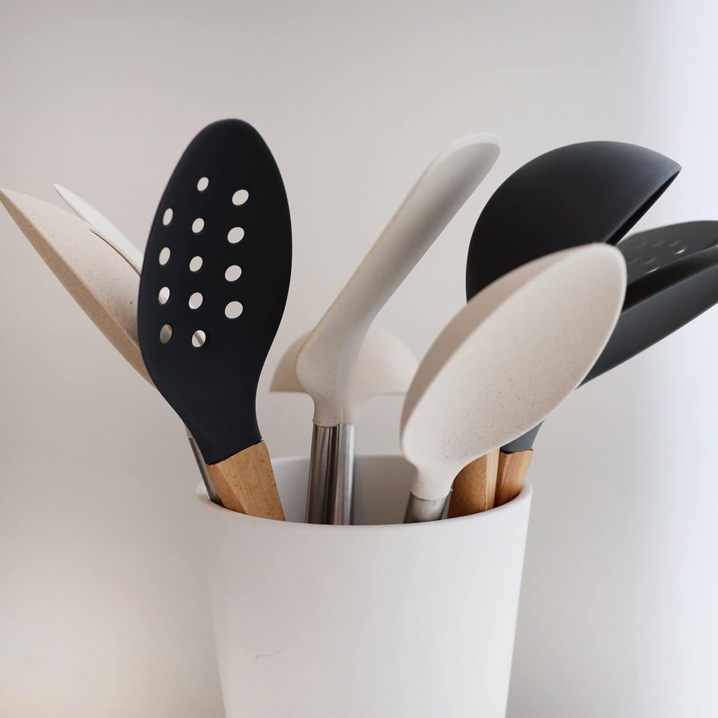 Beille Grey Nylon Spoon with Wooden Handle Kitchen Utensils High Heat Resistance, 13 Inch