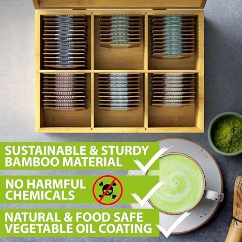 Tea Organizer Box Food Safe Chemical Free Bamboo Storage Chest Tall, Adjustable Cubbies (6-Slot 11" x 8.1" x 4.2" Blank)