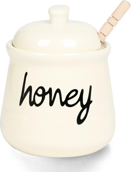 Honey Jar with Dipper and Lid, Ceramic Honey Pot 12oz, Beige