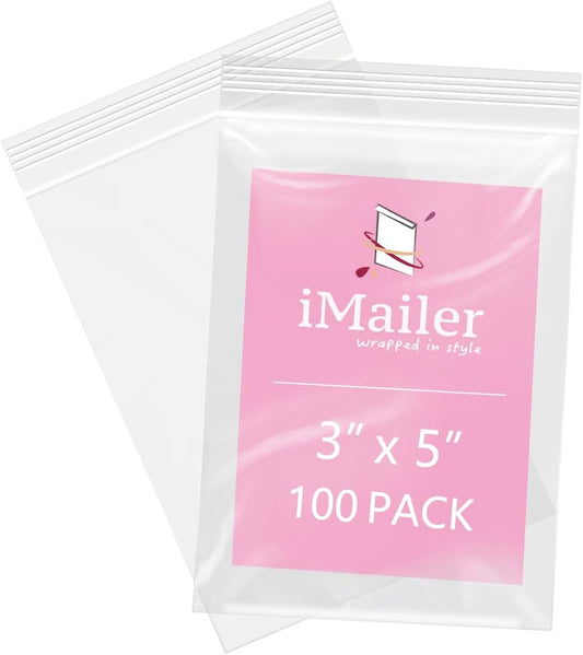 iMailer - 100 Pcs- 3" x 5" Clear Small Zip Bag - Reclosable Zip Plastic Poly Bags 2 Mil with Resealable Lock Seal Zipper for Photo, Jewelry, Bakery, Treats, Party Favors