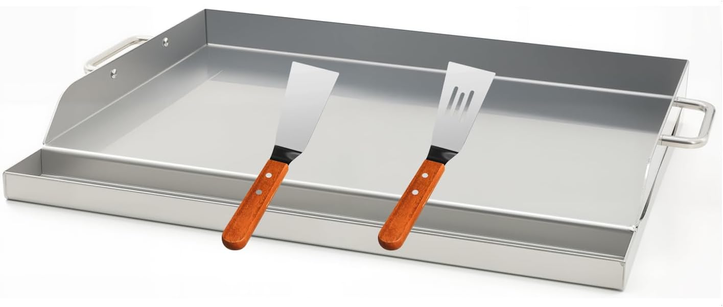 Universal Stainless Steel Griddle Flat Top Plate Grill-Top Griddle Pan with Even Heating Cross Bracing for BBQ Charcoal/Gas Grills, Camping, Tailgating, and Parties (17"*13")