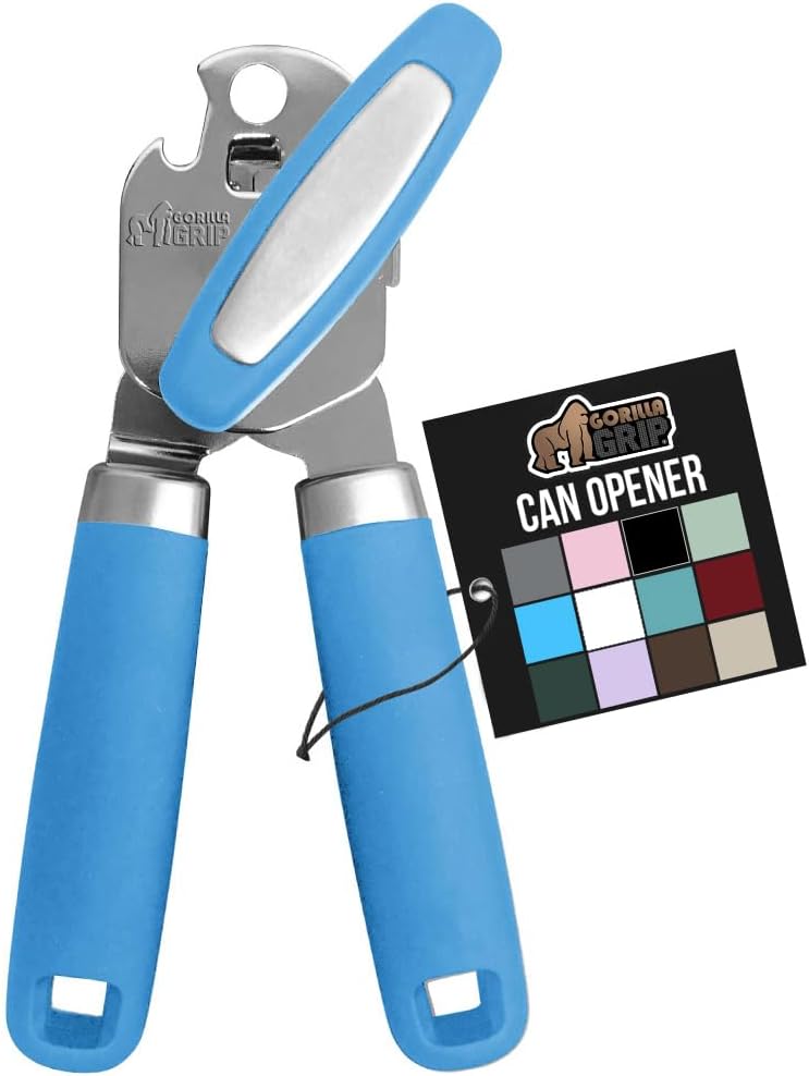 GORILLA GRIP Heavy Duty Stainless Steel Smooth Edge Manual Can Opener and Bottle Openers, Soft Comfortable Handle, Oversized Handheld Turn Knob, US Designed Multifunctional Kitchen Tool, Aqua