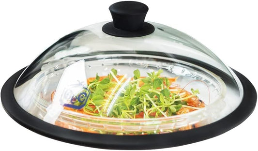 OEC Vented Splatter Guard Microwave Glass Cover with Easy-Grip Handle - 100% Food Grade Tempered Glass & BPA Free Silicone Rim. Compatible with Plates, Dishwasher Safe - 12.5” Diameter – Black