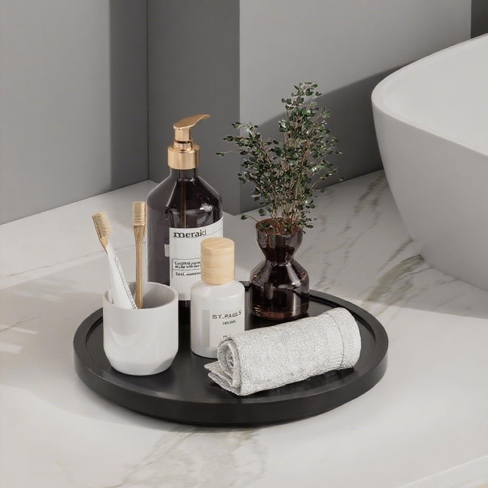 LAMU 11'' Wood Lazy Susan Organizer Turntable for Cabinet, Lazy Susan for Table Top, Pantry, Kitchen, Bathroom, Countertop, Rotating Spice Organizer, Vanity Decor Tray, Pine Wood, Black