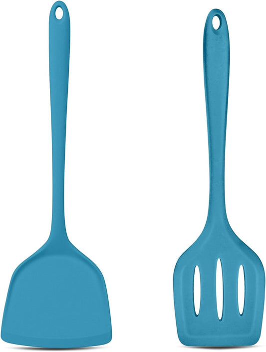TeamFar Silicone Spatulas Set of 2, Solid & Slotted Cooking Turner for Non-stick Cookware, for Flipping/Turning/Frying, Healthy & Seamless, Heat-Resistant & Non-Scratch, Dishwasher Safe, Dark Blue