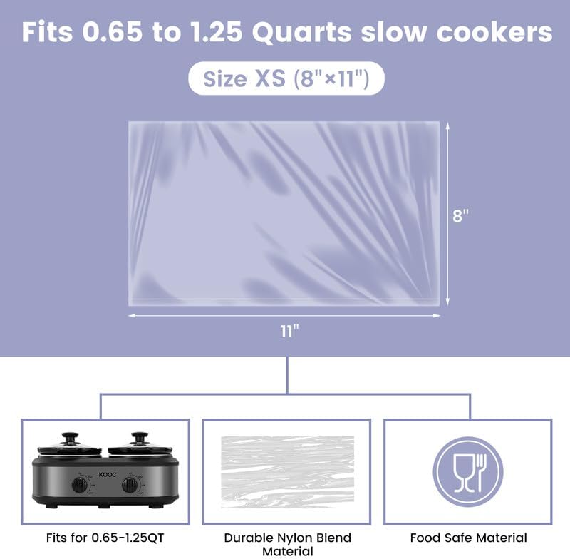 KOOC Slow Cooker Liners 8"x11" 30 Count Mini Size Disposable Pot Liners Cooking Bags Fit 0.65 qt to 1.25 qt Pot BPA Free Fresh Locking Seal Design