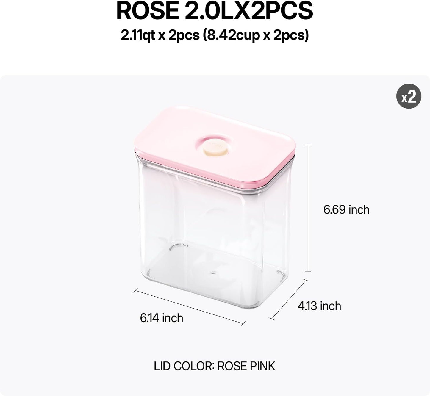 Premium Airtight Food Storage Containers ROSE 2.0L(2.11qt) 2P/SET, Patented Double Silicone Lining, 100% Leak Proof, BPA-FREE
