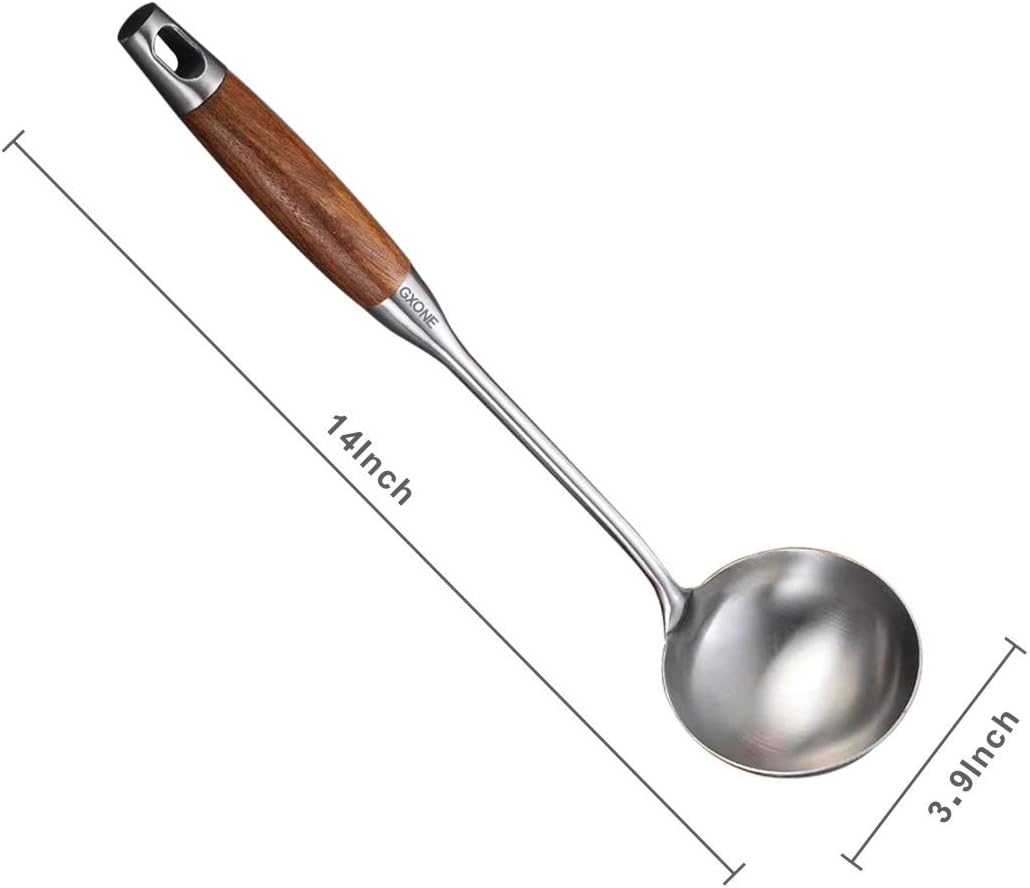 Soup Ladle,304 Stainless Steel Cooking Ladle Spoon Wok Tools with Long Wooden Handle Heat Resistant,Silver/14.6Inch