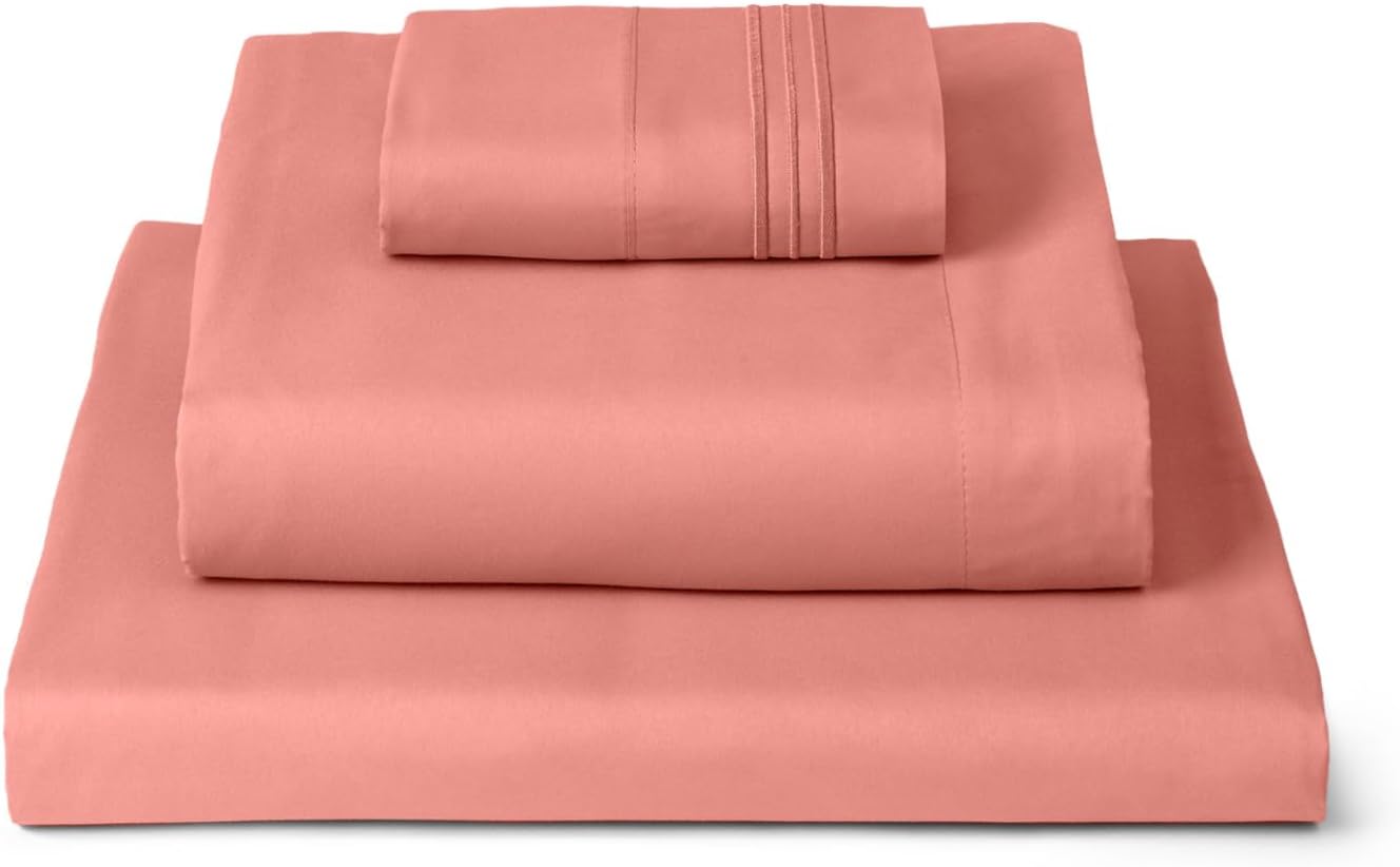 Mellanni Twin Sheets Set - 3 PC Iconic Collection Bedding - Hotel Luxury, Extra Soft, Cooling Bed Sheets - Wrinkle, Fade, Stain Resistant (Twin, Coral)