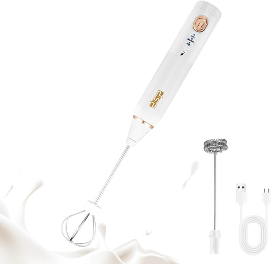 DSP Electric Whisk Rechargeable with Egg whisk milk frothing bar, 3 Speed Adjustable, Milk Frother Handheld for Latte, Cappuccino (White)