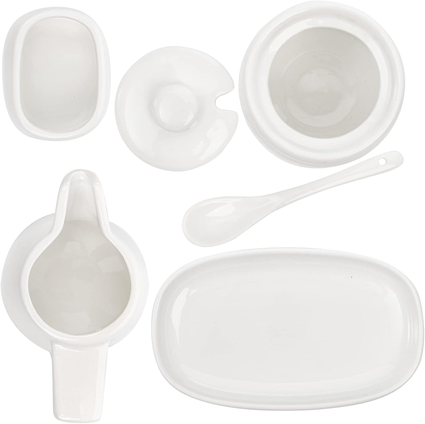 ZENFUN Set of 4 Porcelain Creamer and Sugar Set with Saucer, Sugar Bowl with Lid and Spoon, Cream Pitcher, Sweetener Holder, Coffee Serving Set for Kitchen Home Cafe Party, Restaurant, White