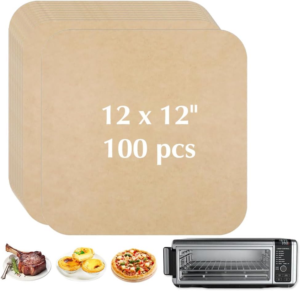 12-inch Air Fryer Parchment Paper Liners - 100 Pcs Non-Stick Unbleached Pre-Cut Squares for Ninja SP101 SP151 SP351 SP201 SP301, Safe & Disposable Air Fryer Sheets