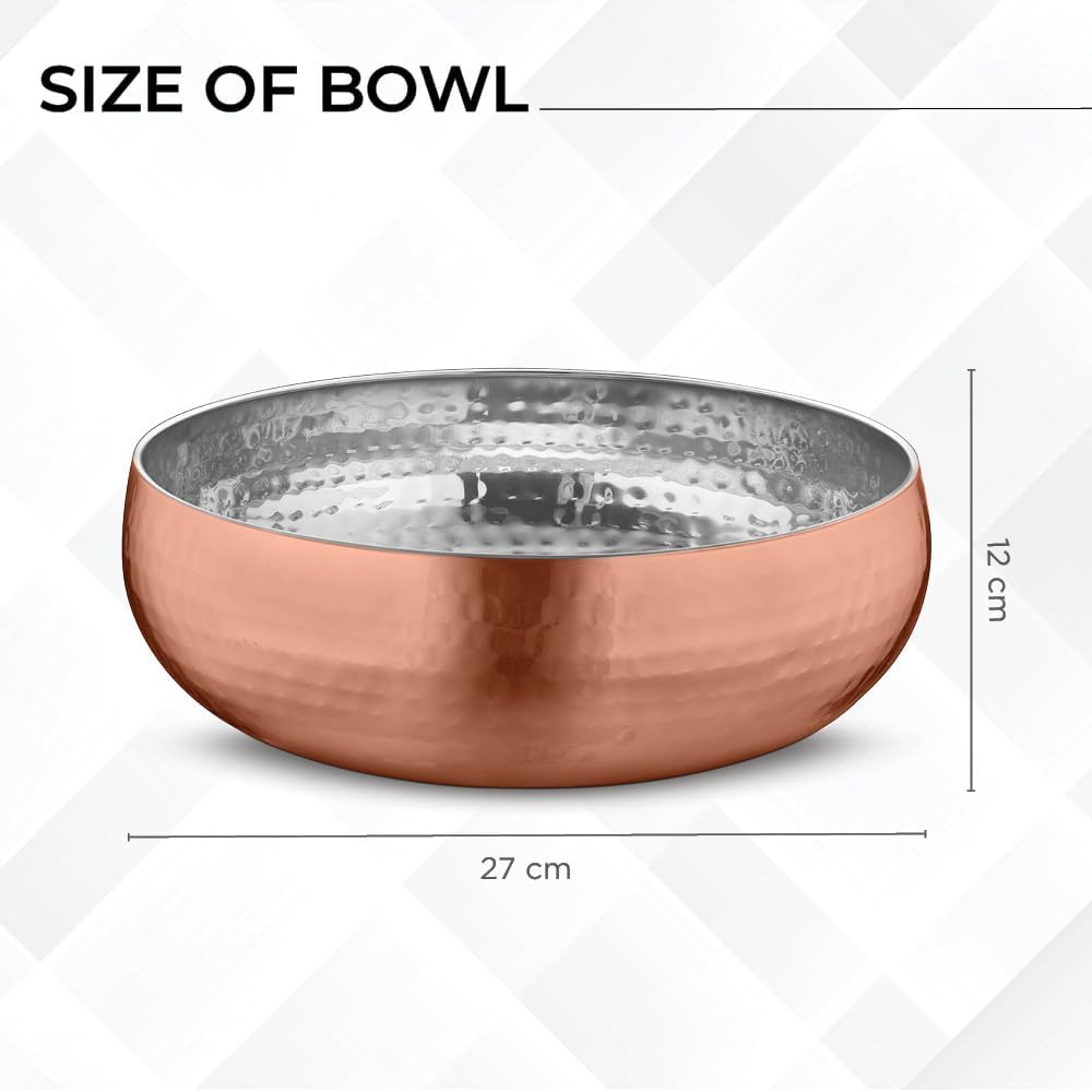 Avador® Set of 3 Premium Stainless Steel Salad Mixing Bowl Hammered Finish | Handmade | Includes Salad Serving Utensils (Copper Plated)