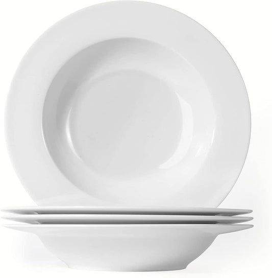 Artena 8 Ounces Pasta Bowls Set of 4, 8.5 inch Soup Bowls, Advanced Porcelain Salad Bowl, Wide Rim Pasta Plates, Shallow Bowls for Kitchen, Rimmed White Plates and Bowls Set, Microwave Oven Safe