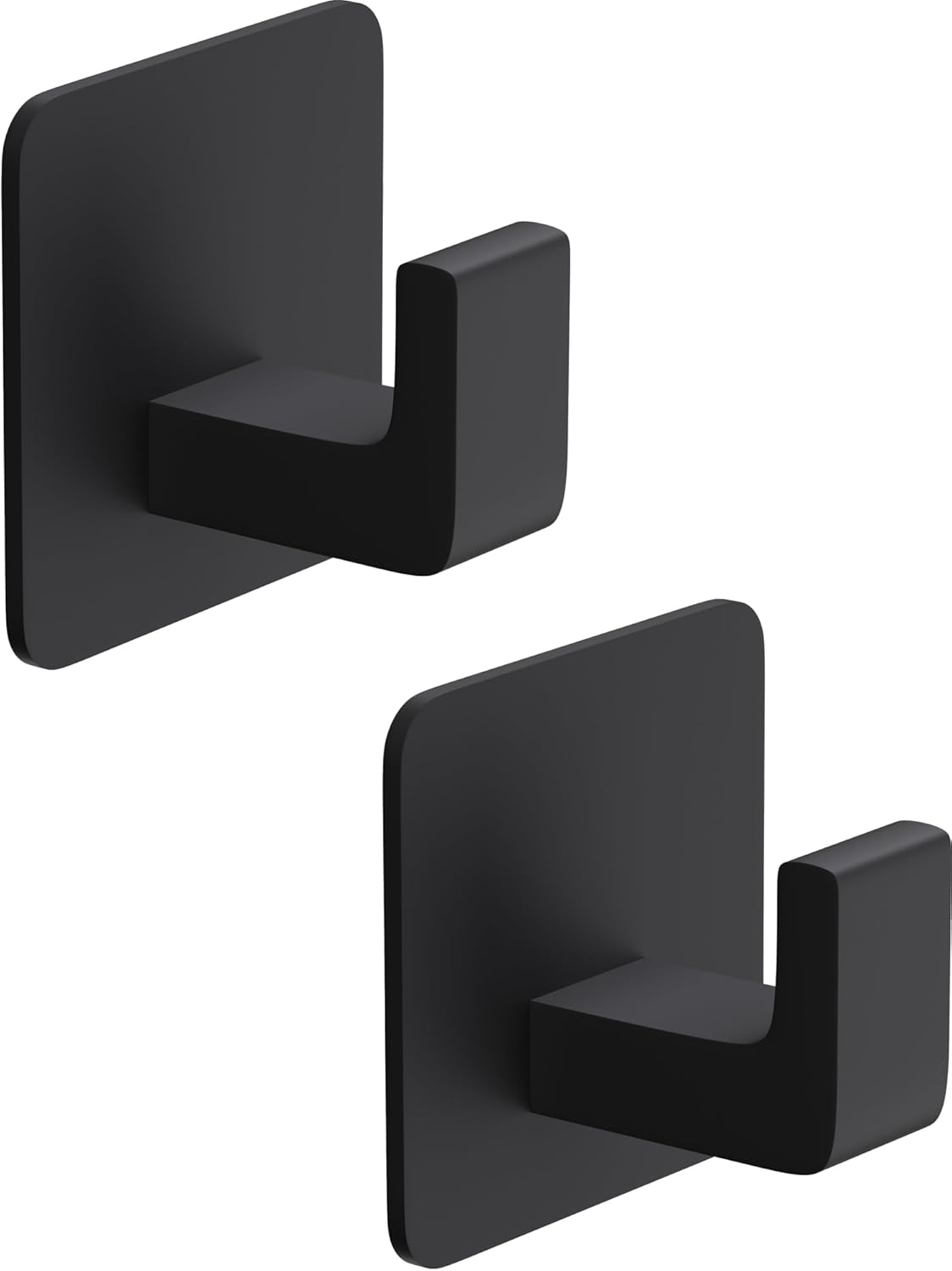 Square Self Adhesive Towel Hooks - 2 Pack Matte Black Metal Hooks, Right-Angle Design for Towels, Robes & Hats, Organize Bathroom, Kitchen, Entryway, Doors, Cabinets on Smooth Surfaces