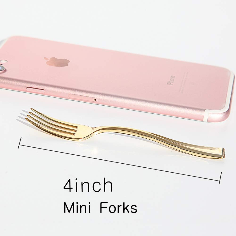 WDF Disposable Plastic Mini Forks 300 Pieces 4 Inches | Gold Plastic Forks | Heavy Duty Plastic Tasting Forks | Perfect for Small Appetizers and Desserts