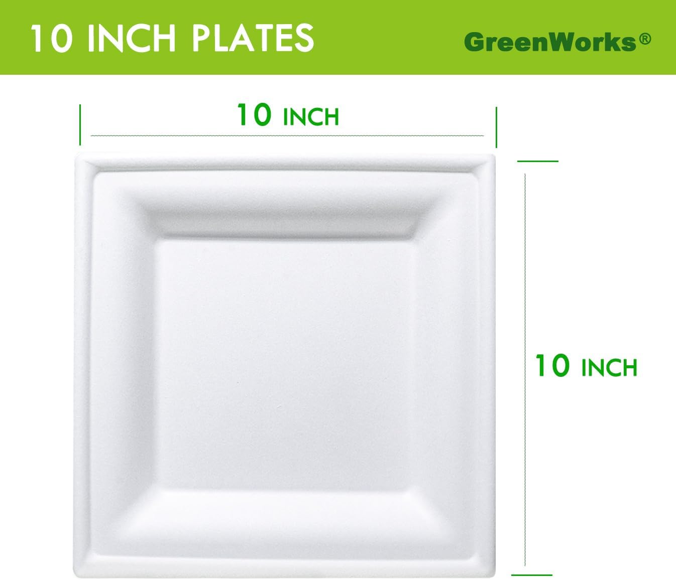 GreenWorks 100 Count 10 Inch Large Square Compostable plates, Biodegradable Bagasse and Bamboo Fiber Plates
