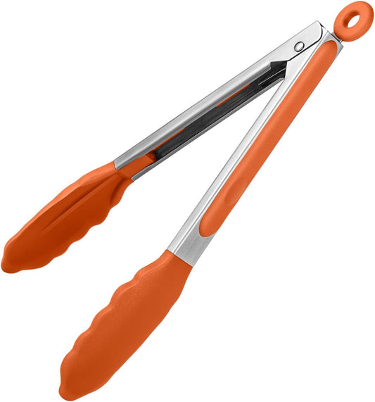 Heat Resistant Silicone Kitchen Tong: U-Taste 9 inch 480ºF Hot Proof Cooking Tong with Firm Sealed Non Stick Rubber Tips & Silicon Coated Steel Handle & Smooth Locking for Serving Grill Salad (Orange)
