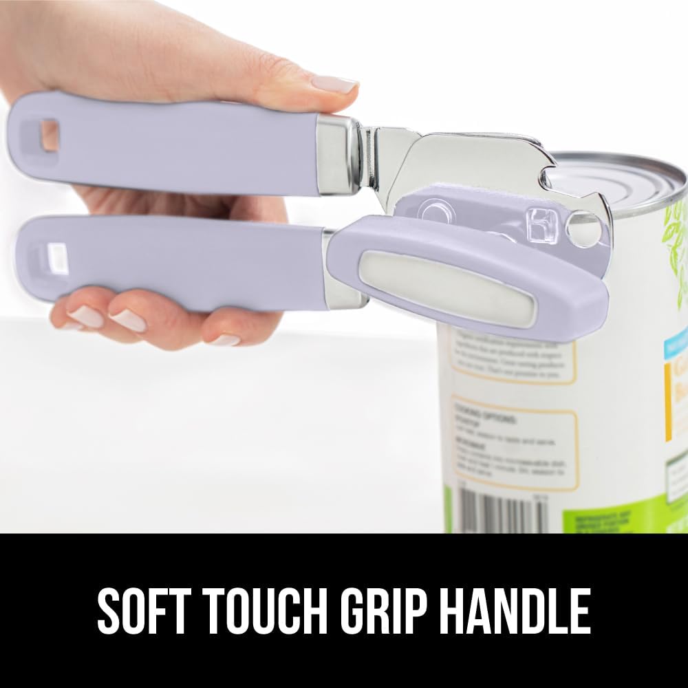 GORILLA GRIP Heavy Duty Stainless Steel Smooth Edge Manual Can Opener and Bottle Openers, Soft Comfortable Handle, Oversized Handheld Turn Knob, US Designed Multifunctional Kitchen Tool, Lavender