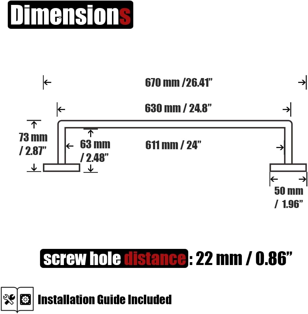 JQK Black Towel Bar, Rounded Edges 26.41 Inch Towel Rack, 304 Stainless Steel Bathroom Wall Mount, Useable Length 24 Inch, TB250L24-PB