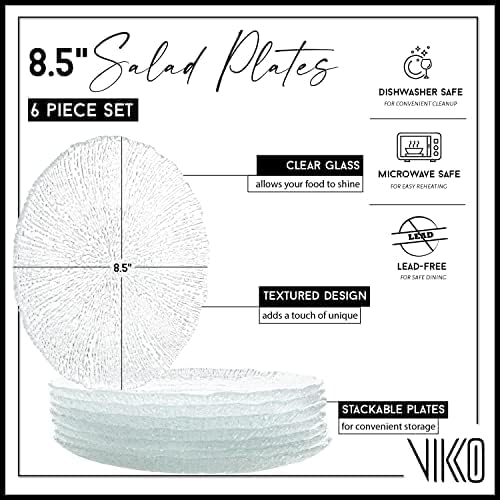 Vikko Salad Plate, Set of 6 Glass Plates, 8.5 Inch Dessert, Salad, Appetizer Plate, Elegant Textured Glass Design, Stackable Plates For Special Occasion, Dishwasher Safe