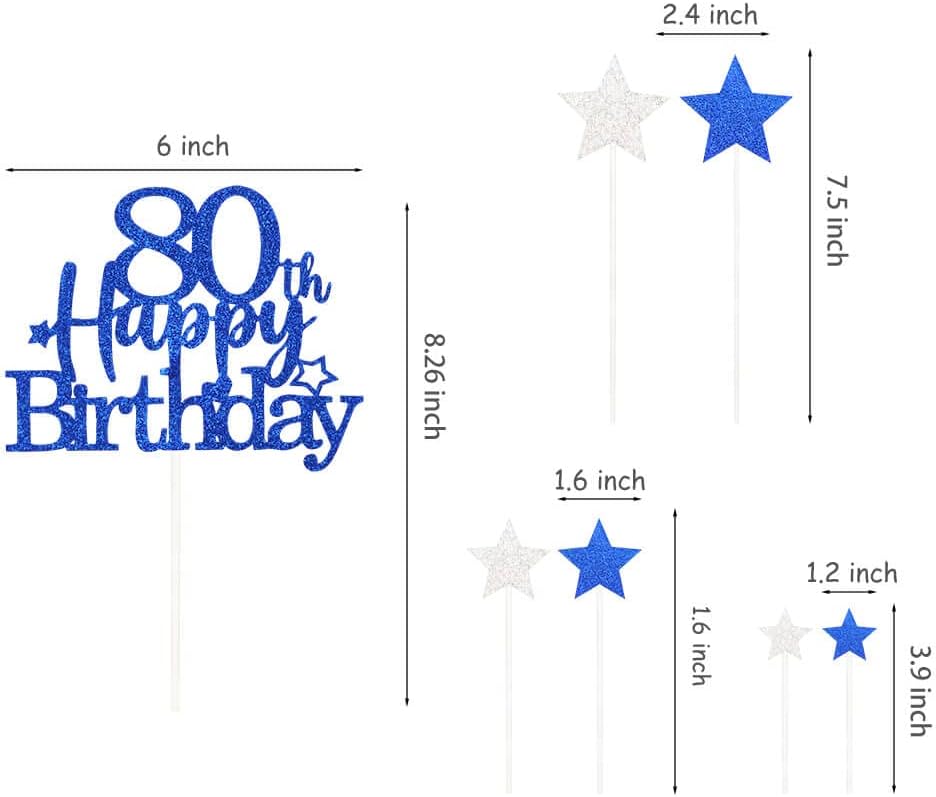 Glittery 80th Happy Birthday Cake Topper with Star,Personalised 80 Birthday Cake Toppers Party Decorations Party Supplies for Men Women Blue
