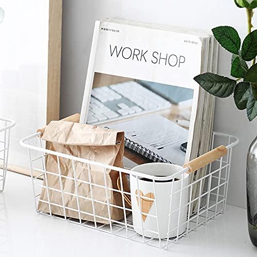 Kitchen Wire Baskets Farmhouse Decor Metal Food Storage Organizer,Household Refrigerator Bin with Built-in Handles for Cabinets, Pantry,Bathroom 4 Packs (white)