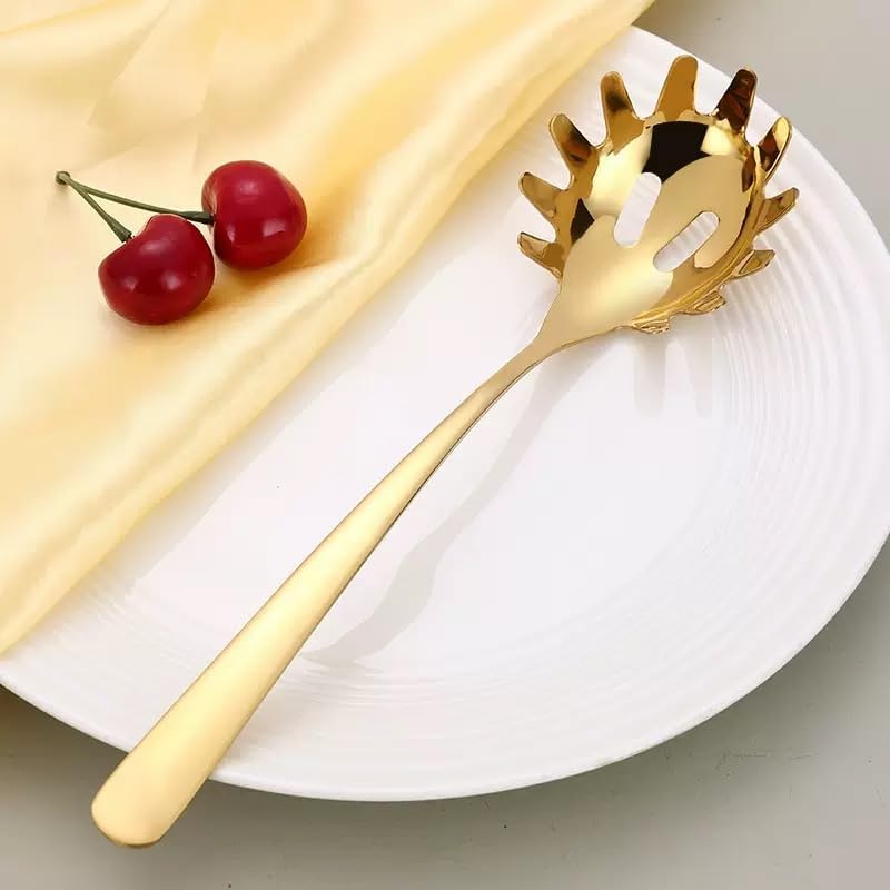 Stainless Steel Pasta Spoon, Spaghetti Spoons Server, Spaghetti Fork with Ergonomic Handle, Noodle Utensil for Kitchen, 9. 4inch (Gold)
