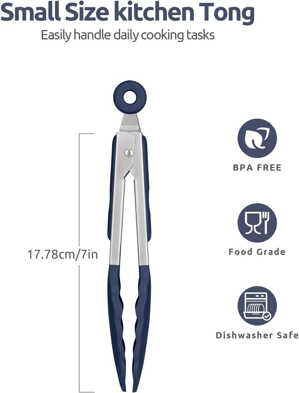 480ºF Heat Proof Kitchen Tong: U-Taste 7" Silicone Cooking Tong with Firm Sealed Non Stick Rubber Tips & Silicon Coated 18/8 Stainless Steel Handle & Smooth Locking for Serving Salad (Midnight Blue)