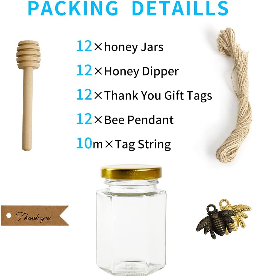 12 Pack 4oz Glass Hexagon Honey Jars Golden Lids - Extra Wooden Honey Dipper Sticks, Bee Charms, Tag String, Thank You Gift Tags, Wedding Favors Gifts, Baby Shower Party Canning Jar(Bronze)