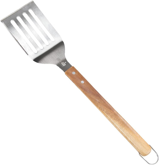 BBQ-AID Pro BBQ Metal Spatula - 17" Barbecue Spatula Stainless Steel with Serrated Knife Edge - Acacia Wood Handle - Heavy Duty Built to Last