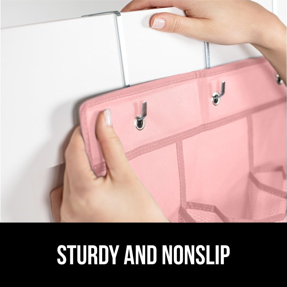 GORILLA GRIP Over the Door Shoe Organizer, 24 Large Breathable Mesh Pockets, Space Saving Hanging Storage Holder, Closet Rack Hanger Holds Up to 40 lbs, Hangs on Closets for Shoes, Accessories, Pink