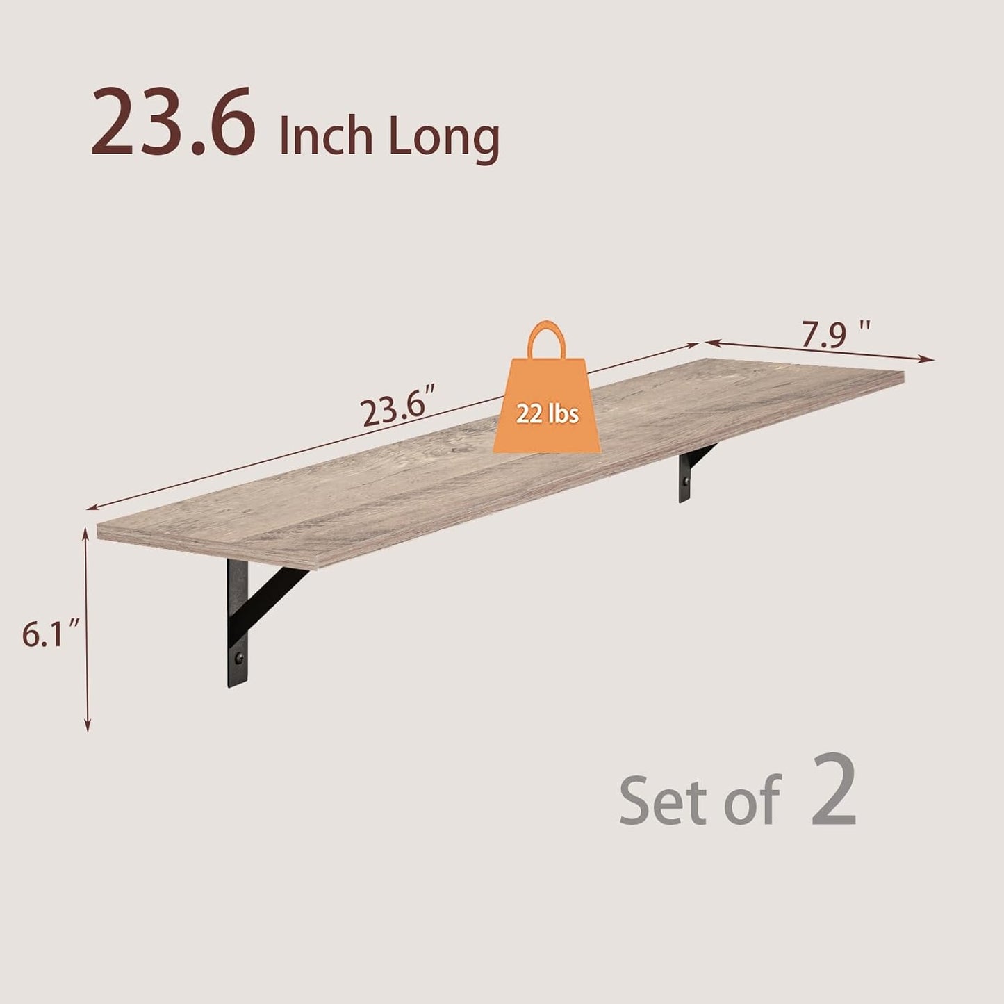 DINZI LVJ Wall Shelves, 23.6 x 7.9 x 6.1 Inch Floating Shelves for Wall, Set of 2, Easy-to-Install Wall Storage Ledges with Sturdy Metal Brackets for Living Room, Bathroom, Kitchen, Greige