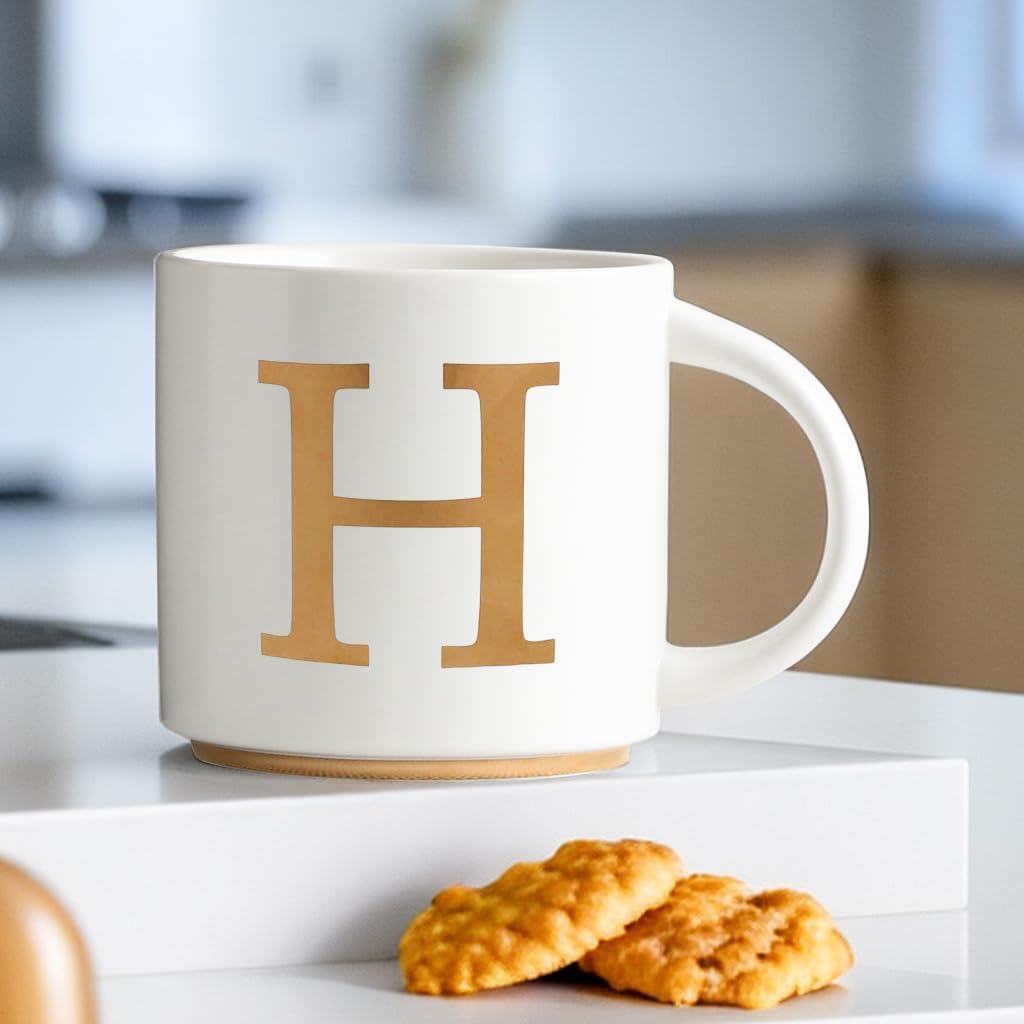 COLLECTIVE HOME - Monogram Ceramic Mugs, 15 oz Golden Initial Coffee Cups, Elegant Alphabet Tea Mugs, Elegant Personalized Mug with Gift Box, Unique Mug with Double Side Capital Letter (H)