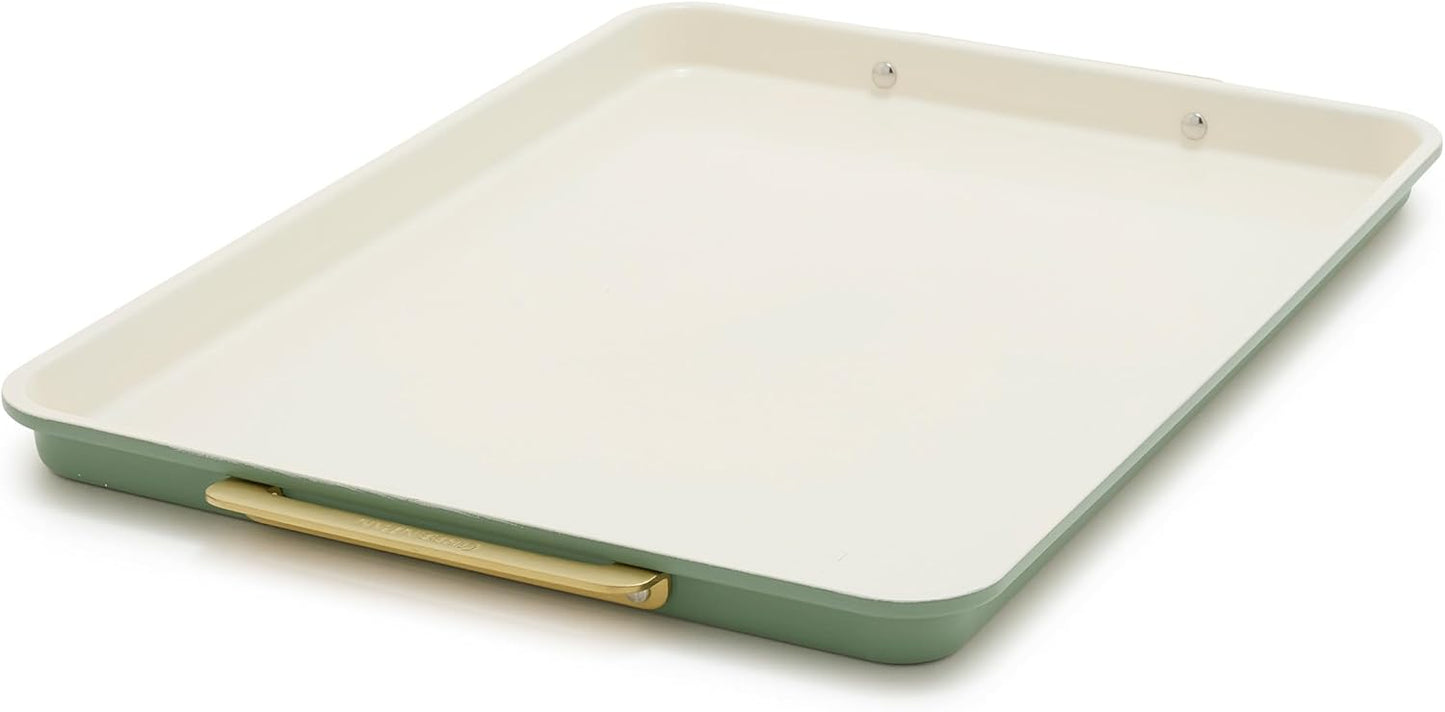 GreenPan Bakeware 13"x18" Half Baking Sheet Pan, Ceramic Nonstick Baking Pan, PFAS & BPA Free, Gold Handles, Durable Steel, Versatile & Space Saving Ovenware, Freezer to Oven Dish, Sage Green