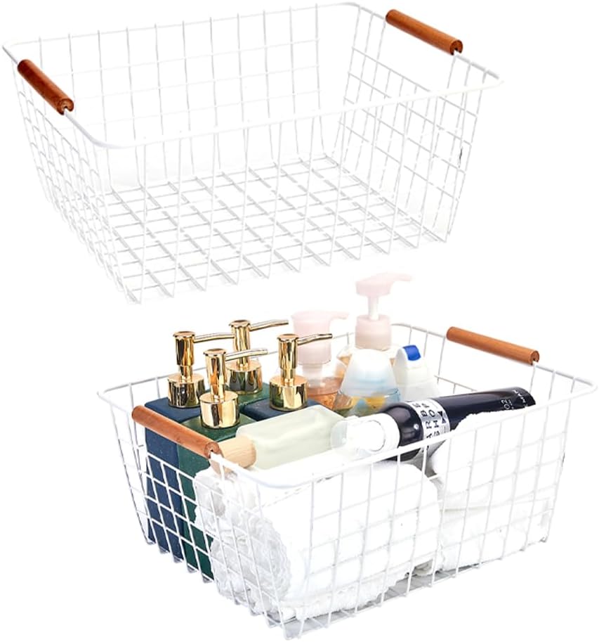 LeleCAT Large white wire baskets with Wooden Handles for storage pantry, Storage Organizer Baskets, Household Refrigerator for Cabinets, Closets, Bedrooms, kitchen - Set of 2（White）