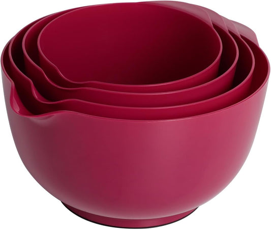 BoxedHome Nesting Plastic Mixing Bowl Set, 4 Piece Mixing Bowl Set with Pour Spouts, Size 1.7, 2.5, 3.5 and 4.5qt, for Prepping, Mixing, Baking, Cooking, Deep Carmine