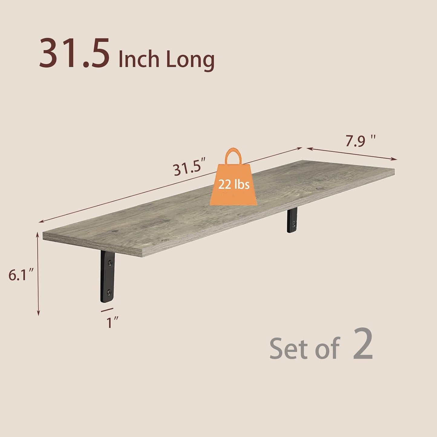 DINZI LVJ Long Wall Shelves, 31.5 Inch Wall Mounted Shelves Set of 2, Easy-to-Install, Wall Storage Ledges with Sturdy Metal Brackets for Living Room, Bathroom, Bedroom, Kitchen, Gray Wash