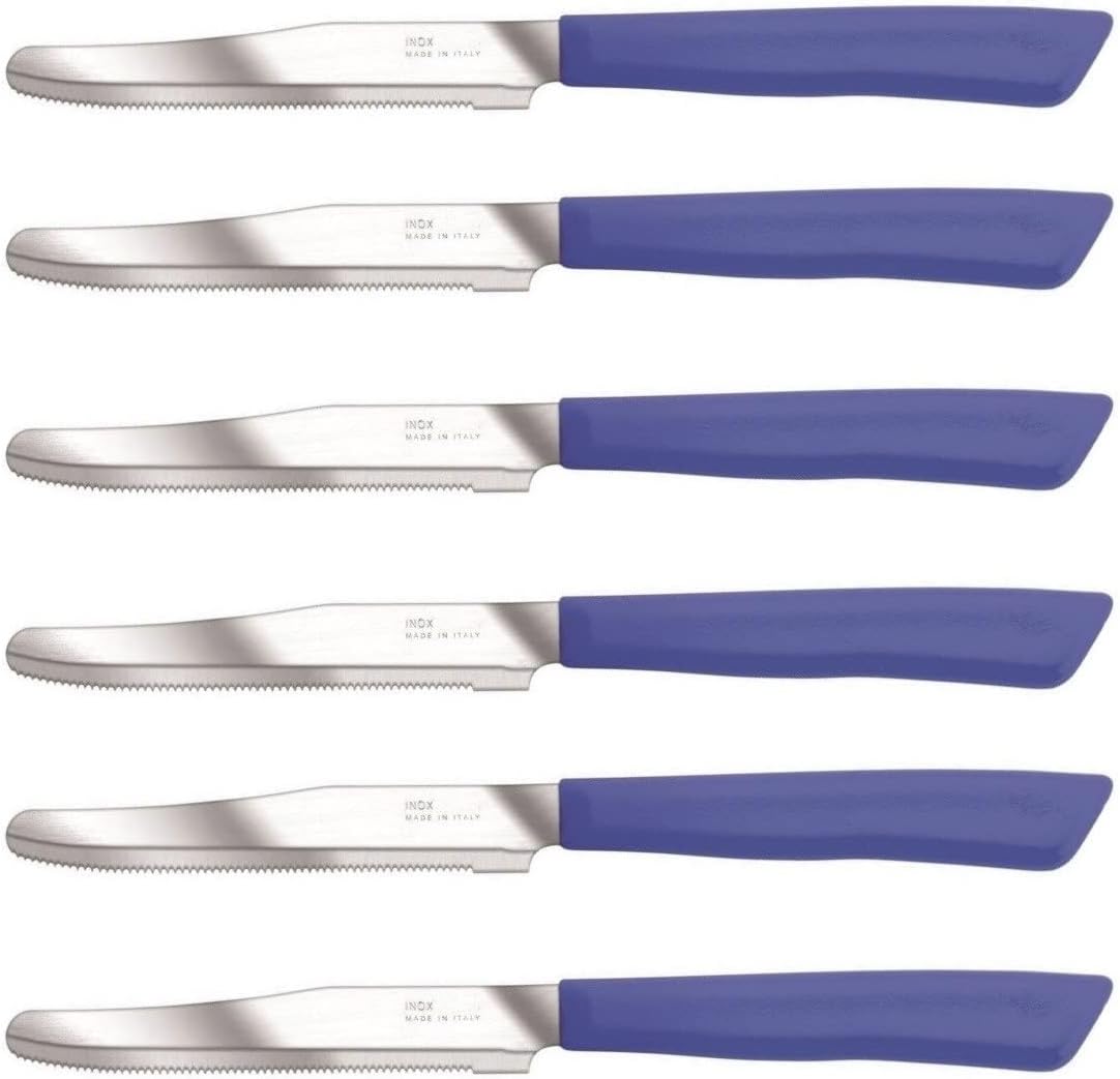 Tredoni 6 kitchen Knives - 4.3"/11cm Italian Stainless Steel Serrated Vegetable/Steak/Table Knife Cutlery, Rounded Tip (Blue)