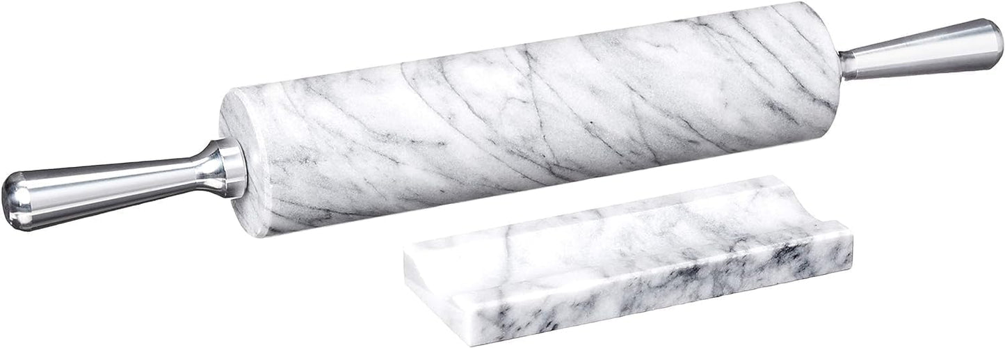 Fox Run 8648 Marble Rolling Pin and Base with Aluminum Handles, 2.5 x 17.5 x 3 inches, White