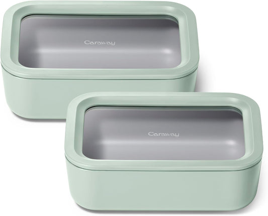 Caraway 2pc Glass Food Storage Set - 6.6 Cup Food Containers (2) - Ceramic Coated - Non Toxic, Non Stick Lunch Box with Lids. Dishwasher, Oven, & Microwave Safe - Mist